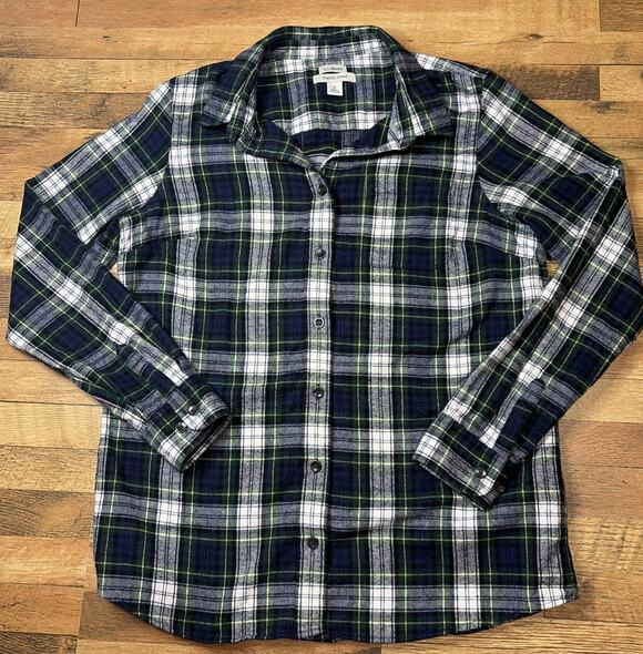 L.L. Bean Tops - LL Bean Womens Slightly Fitted Flannel Shirt Green blue Yellow White Plaid M